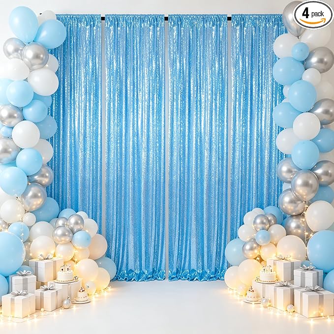 ShinyBeauty Sequin Curtains 4 Panels Baby Blue, 2x8ft Glitter Backdrop | by ShinyBeauty