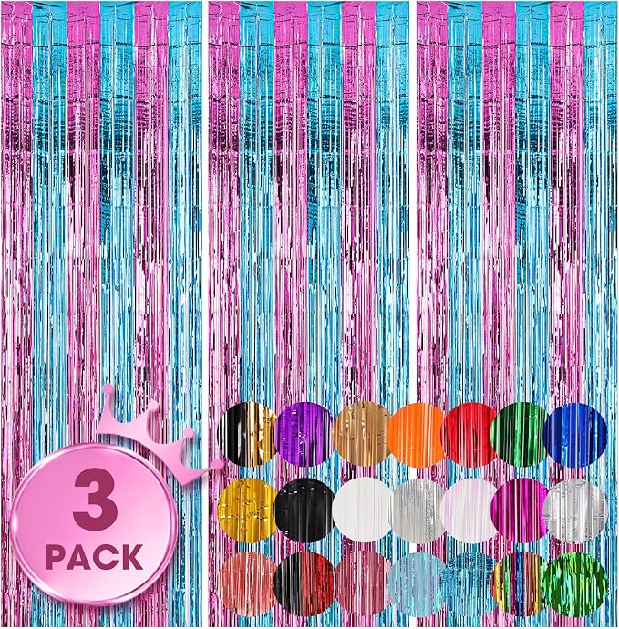 Voircoloria Blue Pink Foil Fringe Backdrop Curtains, 3 Pack | Tinsel Streamers by Voircoloria