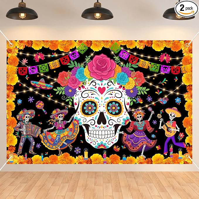 Day of The Dead Backdrop 59x39in Floral Sugar Skull Banner | Washable polyester by Jenlion