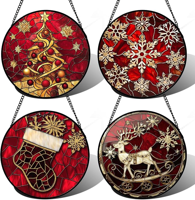 DASTOLL Stained Glass Window Hanging 4 Pcs Set Red Christmas Elk Snowflakes by DASTOLL