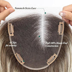Full Hand Tied Hair Toppers for Women Remy Human Hair Lace Front Topper 14 Inch 6"×6" Partial wig Cover Thinning Hair or Loss No Bangs Top Hair Pieces (Ombre Brown Mix Platinum)