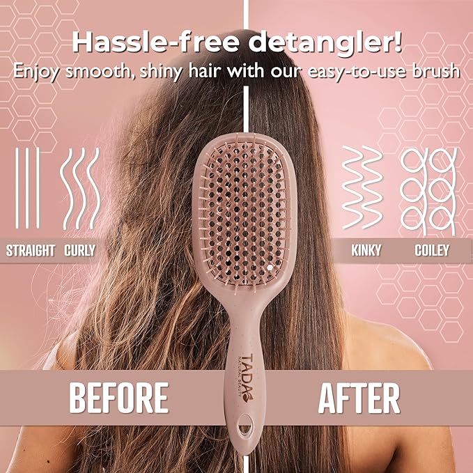 TADA Natural Beauty Hair Brush Detangler for Curly, Thick, Wavy, and Thin Hair - Ventilation Holes for Quick Drying and Styling, Detangler Brush for Women, Men, Kids (4 Colors) (Mauve)