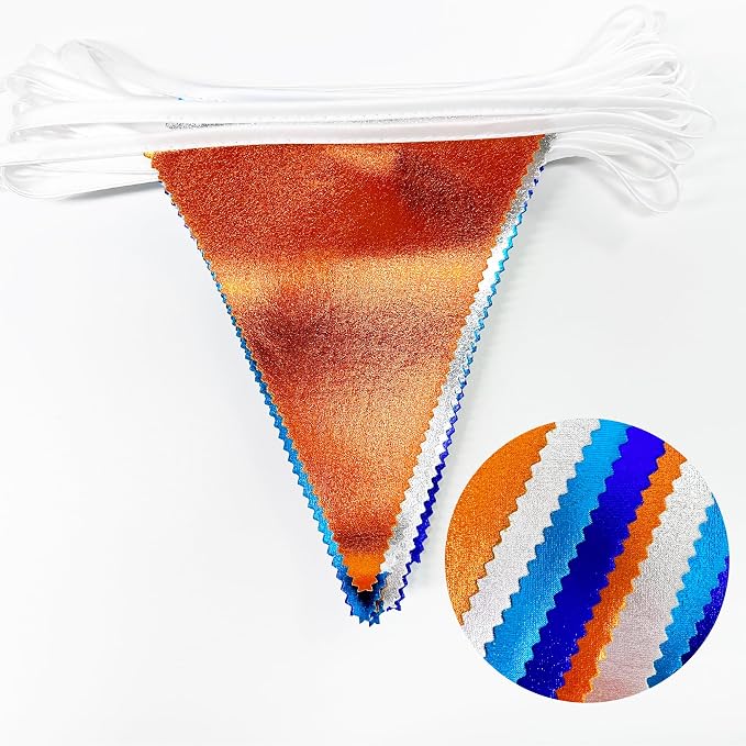 Orange Blue Silver Party Decorations Metallic Fabric Triangle Pennant Banner - Image 3