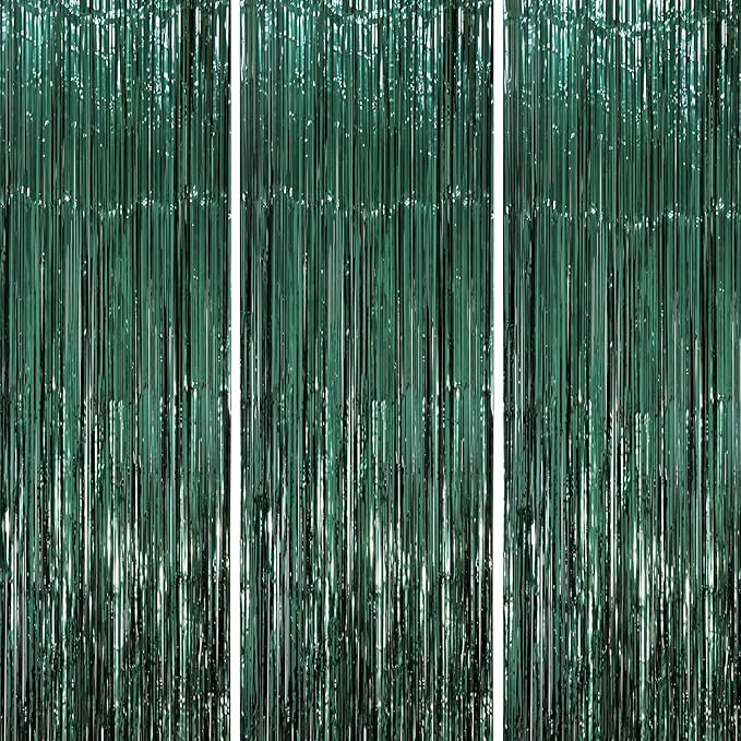 Voircoloria 3 Pack 3.3 x 8.2 ft Retro Green Foil Fringe Backdrop Curtains by Voircoloria