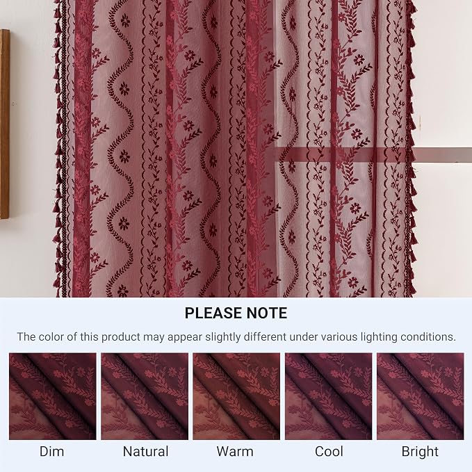 WAZZIO Boho Lace Curtains 2 Panels 63 Inch -Victorian Sheer Panel Drape French - Image 8
