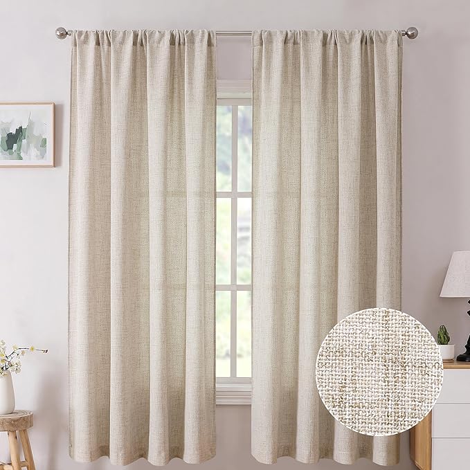 Tollpiz Short Linen Curtains Bedroom Rod Pocket Semi Sheer Curtain Burlap Light by Tollpiz
