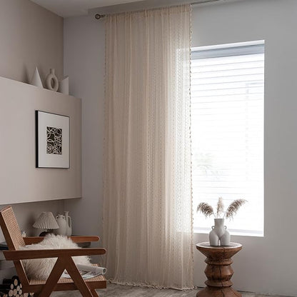 Sutuo Home Crochet Boho Curtain 63 Inches Length, Sheer Lace Handmade Tassels - Image 3