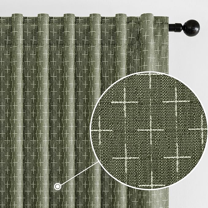 MIULEE Patterned Farmhouse Linen Curtains, Back Tab, Olive Green | Linen by MIULEE