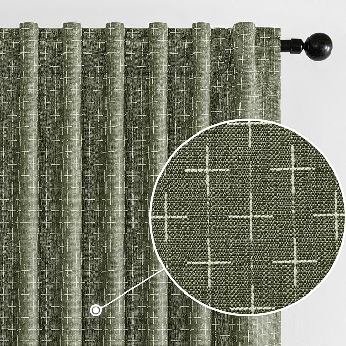 MIULEE Patterned Farmhouse Linen Curtains, Back Tab, Olive Green | Linen by MIULEE