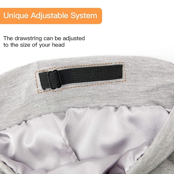 Silk Satin Lined Bonnet Sleep Cap - Adjustable Stay on All Night Hair Wrap Cover Slouchy Beanie for Curly Hair Protection for Women and Men - Solid Light Grey