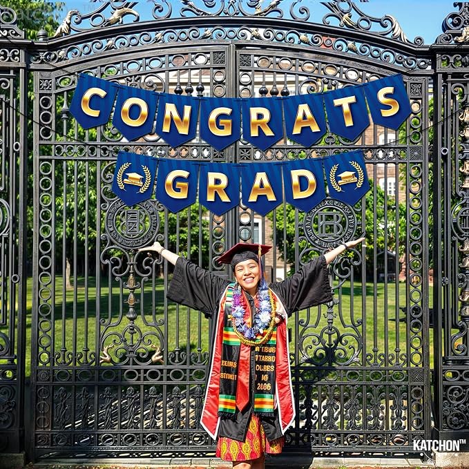 KatchOn Blue and Gold Congrats Grad Banner 10 Feet, Grad Party Decorations | No - Image 6