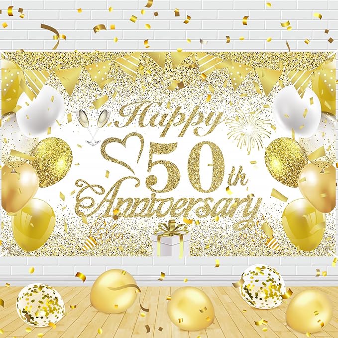 50th Wedding Anniversary Decorations Banner White Gold Happy 50th Anniversary by RUMIA-YourEverydayLuxury