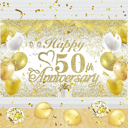 50th Wedding Anniversary Decorations Banner White Gold Happy 50th Anniversary by RUMIA-YourEverydayLuxury