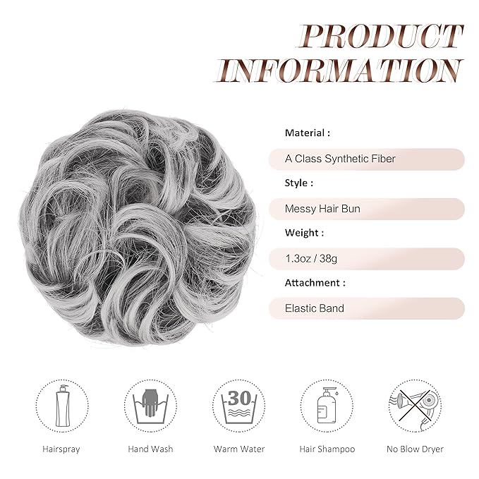 FESHFEN Messy Bun Hair Piece - Elastic Wavy Curly Hair Bun Scrunchies Extensions Synthetic Chignon Hairpieces for Women Girls, Black with White Tips 1.5 oz