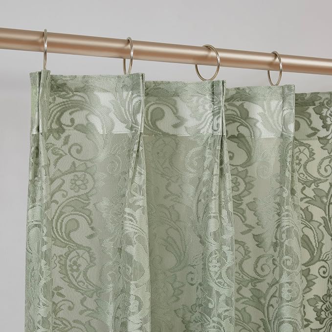 Bujasso Sage Green Lace Pinch Pleat Curtains 84 inch, Vintage Floral Sheer by Bujasso