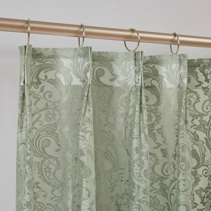 Bujasso Sage Green Lace Pinch Pleat Curtains 84 inch, Vintage Floral Sheer by Bujasso