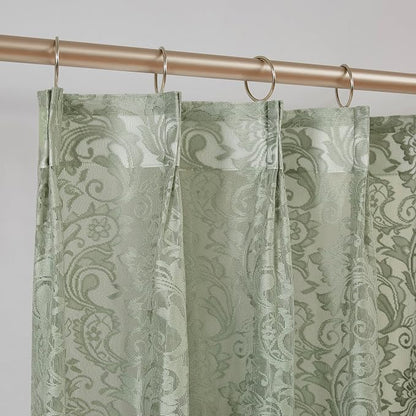 Bujasso Sage Green Lace Pinch Pleat Curtains 63 inch, Vintage Floral Sheer by Bujasso