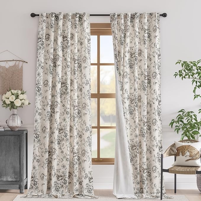 jinchan Floral Linen Blackout Curtains Lined 102 Inch Back Tab 2 Panels | by JINCHAN