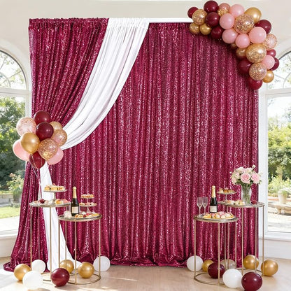 Burgundy Sequin Backdrop Curtains Party Photo Glitter Drapes 2 Pcs 2FTx8FT | - Image 3
