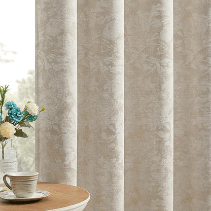 Beauoop Beige Floral Jacquard Blackout Curtains by Beauoop