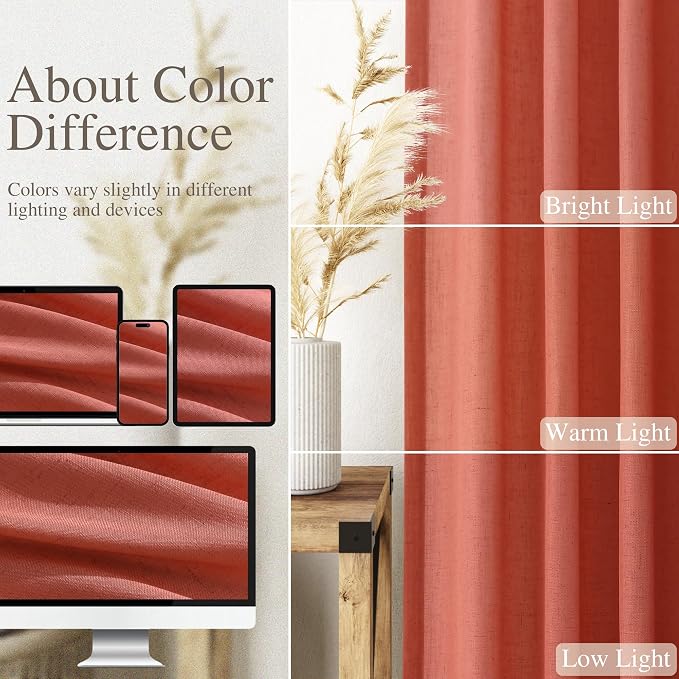 Coral Linen Curtains 102 Inches Long 2 Panel Set Back Tab Rod Pocket Semi Sheer - Image 3