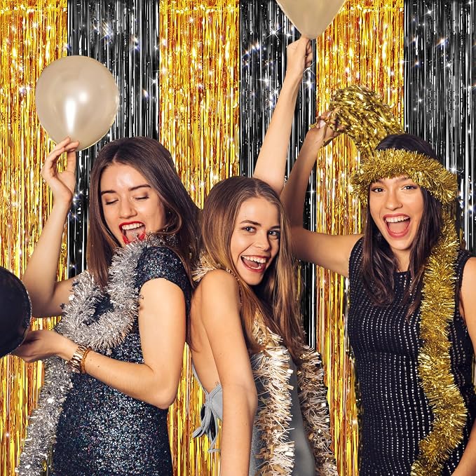 2Pack Black Gold Metallic Tinsel Foil Fringe Curtains, Door Streamers Photo - Image 6