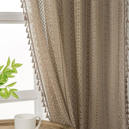WAZZIO Boho Lace Curtains 72 Inches 2 Panel, Light Filtering Privacy Tassel & by WAZZIO