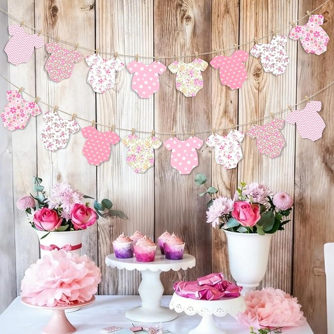 Pink Floral Baby Shower Banner for Girls, Baby Girl Onesie Garland, Boho Pink - Image 7