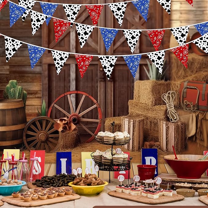 32Ft Western Cowboy Party Decorations Red Paisley Blue Bandana Pennant Banner - Image 4