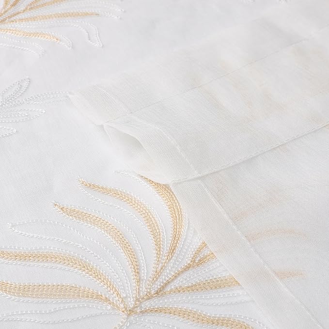 White Sheer Curtains Beige Embroidered Leaf 2 Panels 84 Inches | Light - Image 6