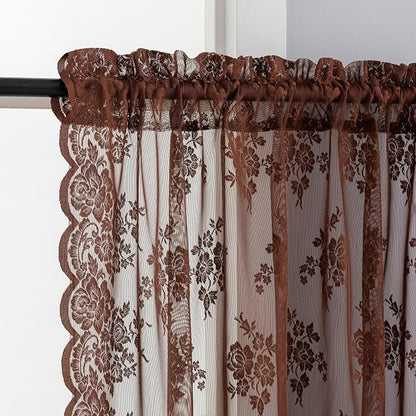 Kotile Warm Brown Sheer Kitchen Curtains Rustic Floral W42xL45 in, 2 Panels | - Image 3