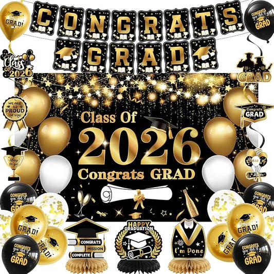 DARUNAXY Black Gold Graduation Party Decorations, 2026 Congrats Grad Honeycomb by DARUNAXY