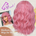 Nnzes Short Wavy Bob Wig with Bangs for Women Shoulder Length Curly Pink Synthetic Heat-Resistant Fiber Hair for Daily & Party Use