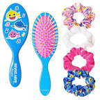 Baby Shark Hair Accessory Set: 9-inch Regular Detangling Brush, 4 Elastic Hair Ties & Scrunchies for Kids