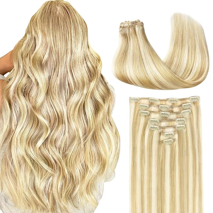 GOO GOO Clip in Hair Extensions Real Human Hair, Remy Human Hair Extensions Clip ins for Women, Natural Human Hair, 22inch 170g 7Pcs, #18D/22F Dirty Blonde Highlights