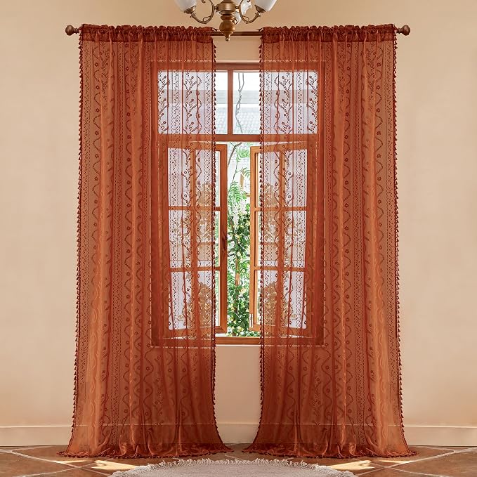 WAZZIO Boho Lace Curtains 105 Inch 2 Panels-Vintage Sheer Panel Drape Floral - Image 3