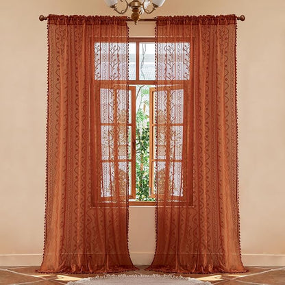 WAZZIO Boho Lace Curtains 105 Inch 2 Panels-Vintage Sheer Panel Drape Floral - Image 3