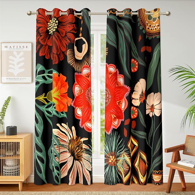 Tyrot Black Boho Floral 100% Blackout Curtains - Image 2