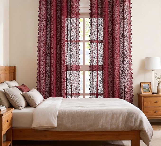 Bujasso Burgundy Red Lace Sheer Curtains - Image 4
