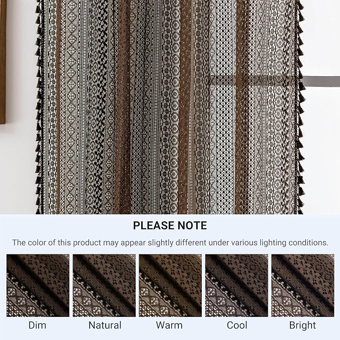 WAZZIO Boho Lace Curtains 63 Inches 2 Panel, Light Filtering Privacy Tassel & - Image 9