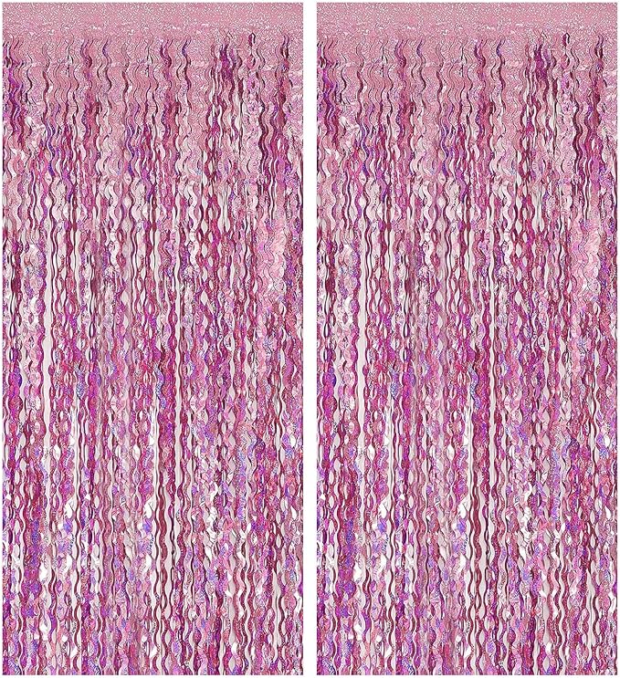 Pink Backdrop Party Decorations Pink Streamers Tinsel Foil Fringe Curtains Wavy by BOMSI