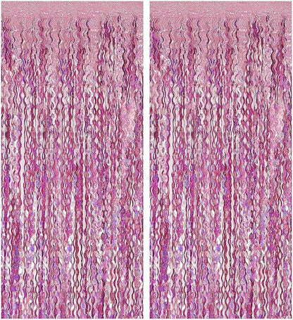 Pink Backdrop Party Decorations Pink Streamers Tinsel Foil Fringe Curtains Wavy by BOMSI