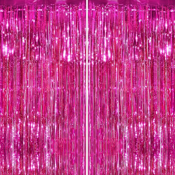2Pack Hot Pink Metallic Tinsel Foil Fringe Curtains Backdrop by GCBPartyDecorations