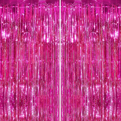 2Pack Hot Pink Metallic Tinsel Foil Fringe Curtains Backdrop by GCBPartyDecorations
