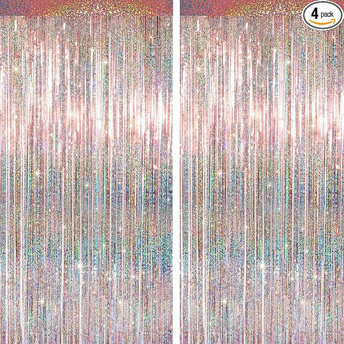 4 Packs Rose Gold Foil Fringe Curtain, Rose Gold Glitter Metallic Tinsel by BSRESIN