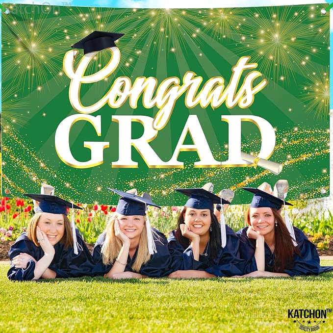 KatchOn Green Congrats Grad Banner 72x44 Inch | Green and Gold Grad Banner - Image 3
