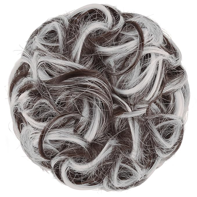 FESHFEN Messy Bun Hair Piece - Large Elastic Wavy Curly Hair Bun Scrunchies Ponytail Extensions Synthetic Chignon Hairpieces for Women, Brown Gray Mix 1.94oz