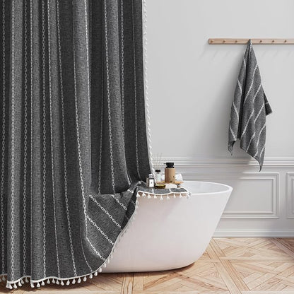 72x96 Extra Long Boho Linen Heavy Duty Shower Curtain, Charcoal Grey | Extra by ShowerCurtain