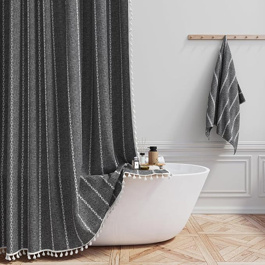 72x96 Extra Long Boho Linen Heavy Duty Shower Curtain, Charcoal Grey | Extra by ShowerCurtain