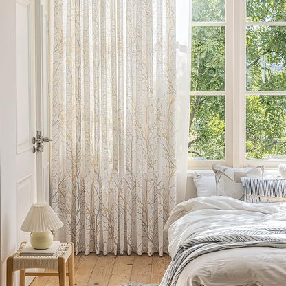 FMFUNCTEX Linen Yellow White Semi Sheer Print Curtains 108 Inch 2 Panels | - Image 5